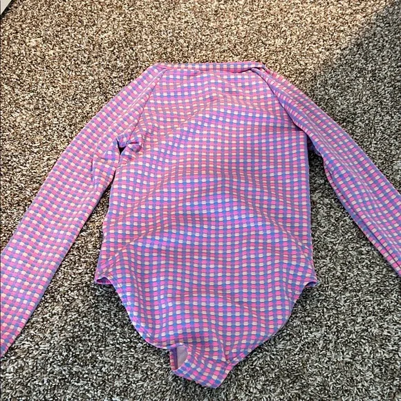 Paisley Lane Pink Check Long-Sleeve Kids Swim One-Piece Rash Guard - Picture 4 of 5